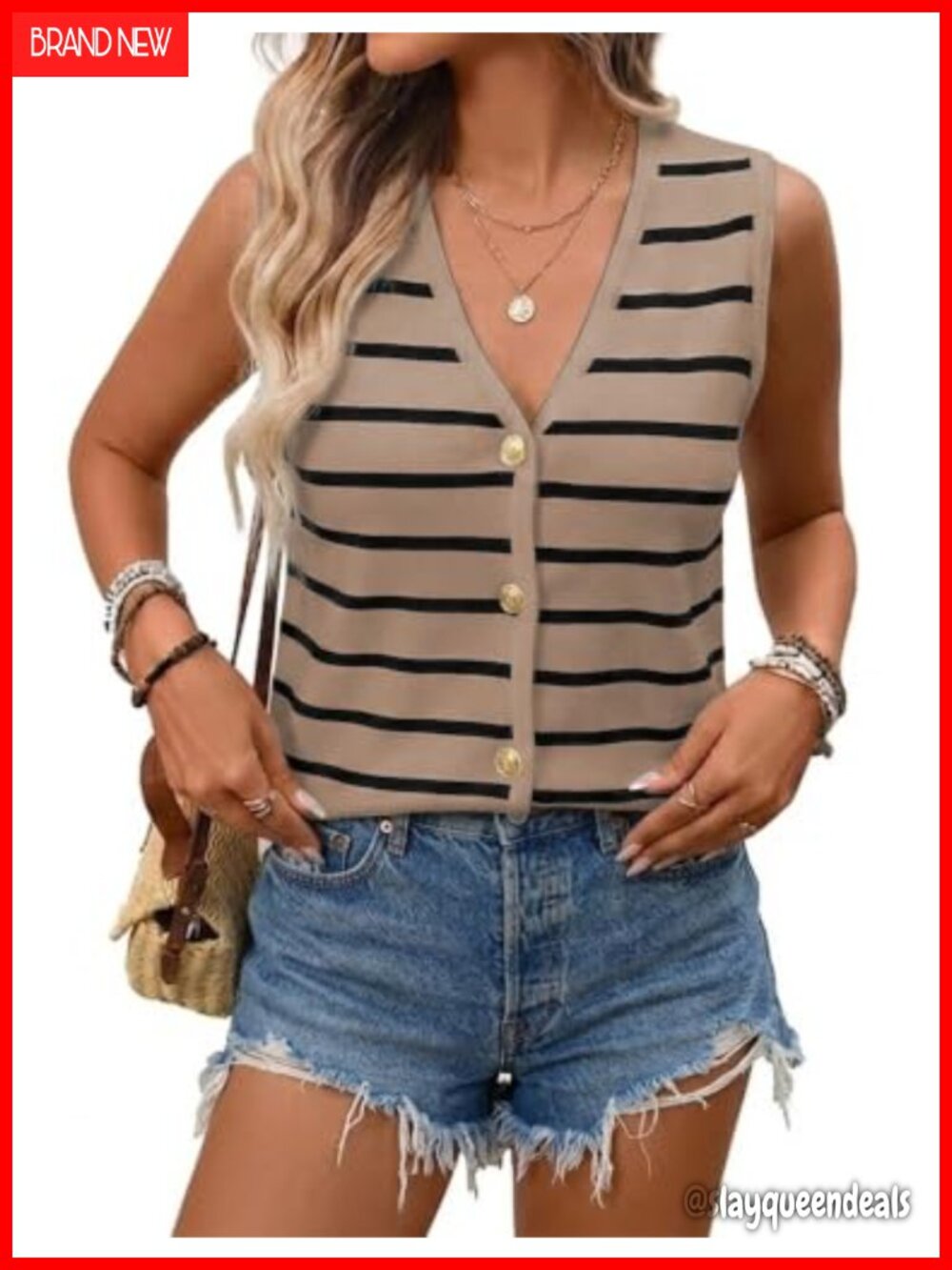 Womens Striped Knit Sweater Vest Sleeveless V-Neck Button Casual Layering